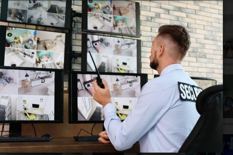 an Austin security monitoring professional speaks into a walkie-talkie