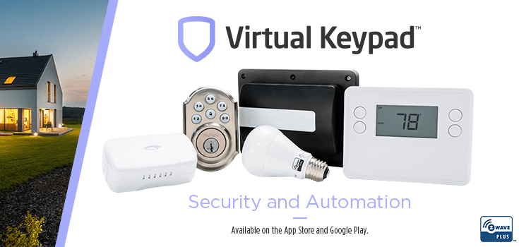 A presentation slide with various security products and the words “Virtual Keypad” “security and Automation” with a house in the background