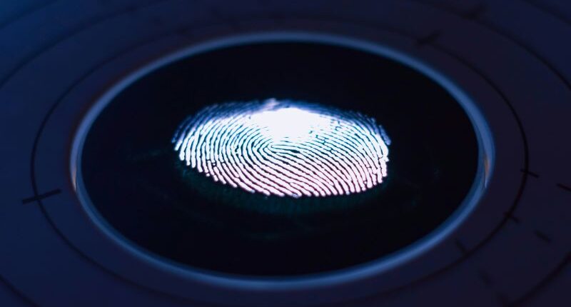 a fingerprint on a scanner illustrating biometric access control